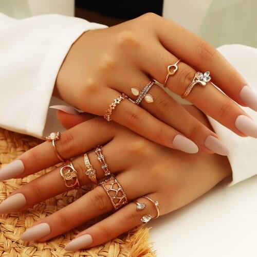 16 PCS/SET Bohemian Mixed Fatima Palm Geometric Heart Crystal Ring Set Women Fashion Generous Party Jewelry Friendship Gift