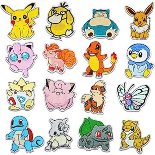 16pcs Pokemon Cloth Patch Pikachu Clothes Stickers Sew on Embroidery Patches Applique Iron on Clothing Cartoon DIY Garment Decor