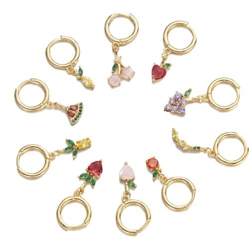 2021 New 18K Gold Plated Cute Fruit Cherry Dangle Earrings for Women Luxury Jewelry Zircon Apple Strawberry Drop Earrings