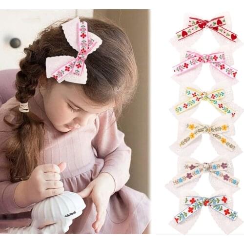 6pcs/lot Handmade Knot Bows Lace Hair Clips 7*11cm Double Cotton Flax Flower Hairpins Girls Tie Hair Accessories