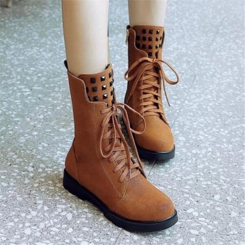 PXELENA Western Cowboy Rivet Military Combat Ankle Boots Female Shoes Lade Up Motorcycle Biker Riding Boots Women 34-43