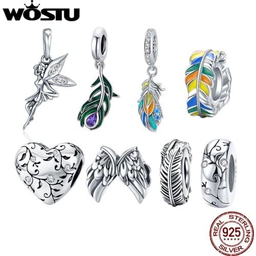 WOSTU Authentic 925 Sterling Silver Hot Sale Feather Beads Charms Pendant Fit Bracelets Women Fashion DIY Jewelry Gift Making