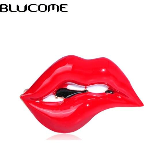 Blucome Enamel Sexy Red Lips Mouth Shape Brooches For Women Girls Lipstick Bag Dress Banquet Accessories Alloy Brooch Corsage