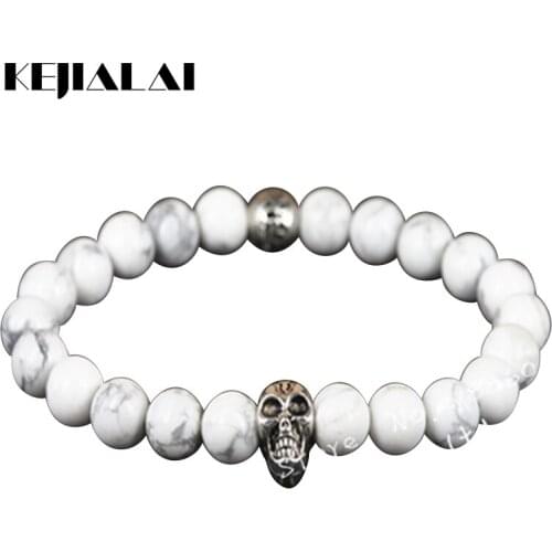 KEJIALAI 1pcs Cavemous Skull Head Men Beads Bracelet With Charm Bead Natural White Howlite Beads Charm Women Bracelet A0419
