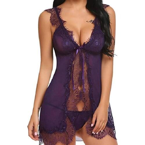 Fashion Women Sexy Sleep Dress Lingerie Dress Lace Temptation Suit Strap Red Blue Purple Nightwear Night Clothes XXL-S