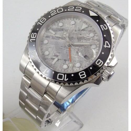 Brand Men Wristwatch Sapphire Glass 40mm Nologo Grey Dial Date Function Mental Strap GMT Function Automatic Movement