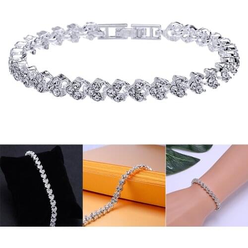 Charming Lady Crystal Bracelet Silver Color Hand Chain Luxury Shiny Zircon Rhinestone Bangles Bride Jewelry Wedding Gifts