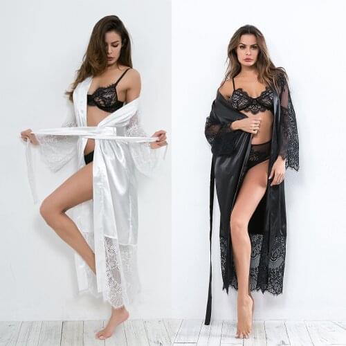 S-XXXL Sexy Lingerie Transparan Summer Sexy Womens Ladies Bride Robes Kimono Robe Satin Silk Lace Night Wear Gown underwear
