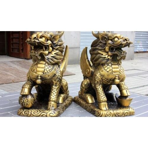 Biggest China Pure Copper Avoid Evil Dragon wing Kylin Chi-lin Lion Qilin A Pair Height 48cm/45cm/38cm