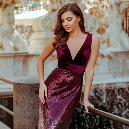 Adult sexy deep V vest long evening dress birthday party retro stitching sequin sexy skinny S-shaped dress