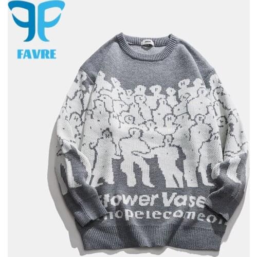 FAVRE Autumn Vintage Casual Sweaters Pullovers Men O-Neck Crowd Jacquard Knitted Sweater Harajuku Japanese Style Loose Street