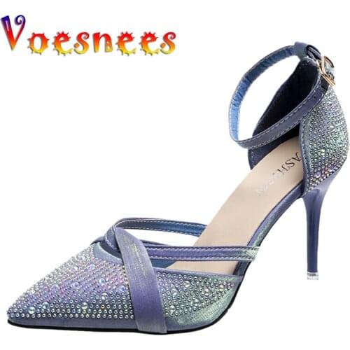 Summer Rhinestone Ladies Pumps One Line Buckle Pointed Toe Color Diamond Woman Shoes Style Solid Walk Show Thin High Heels