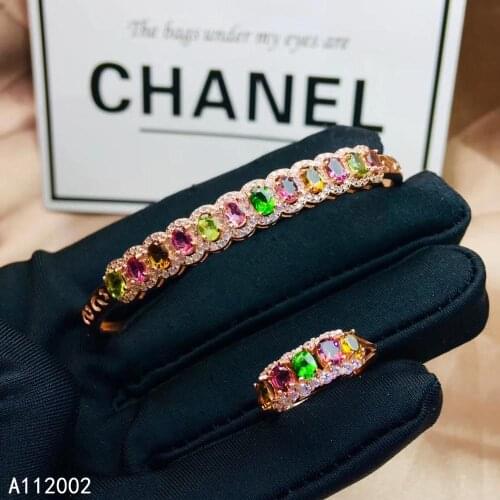 KJJEAXCMY fine jewelry natural Tourmaline 925 sterling silver women ring bracelet set support test luxury