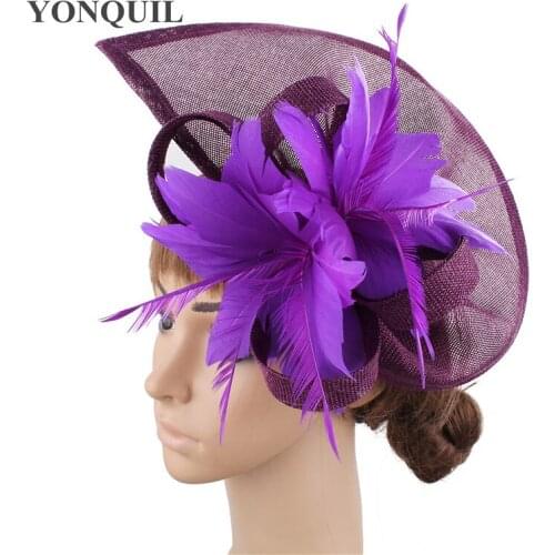 Purple Fascinatrors Flower Hat Feather Headband Big Kentucky Derby Royal Vintage Wedding Loops Headwear Chapeau 2020 New Arrival