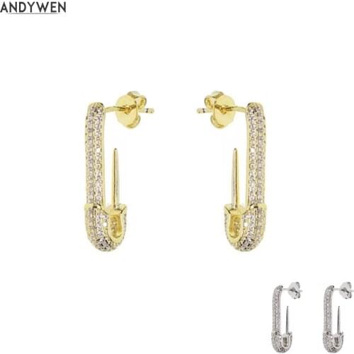 ANDYWEN 925 Sterling Silver Gold CZ Open Pave Safety Pin Earring Drop Women Single Ear Jewelry Crystal Women Accessory Wedding