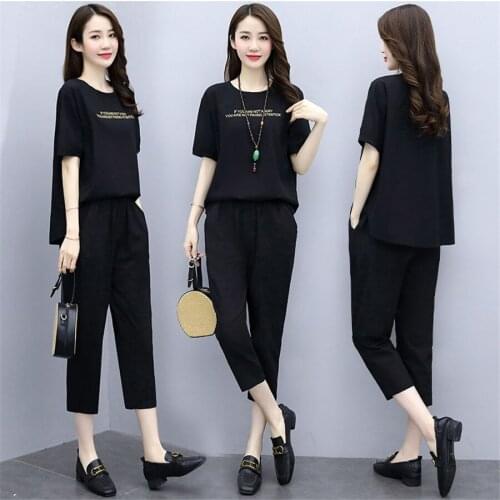 Large size 2 pieces set tracksuit for women outfits high quality 2-piece summer ladies suit O-neck two-piece outfit