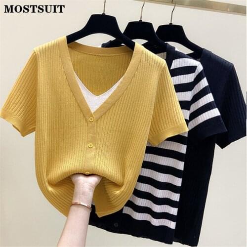 MERUBY Fake Two Pieces Knitted Pullover Tops Women Summer Short Sleeve V-neck Sweater Plus Size Casual Loose Female Jumpers