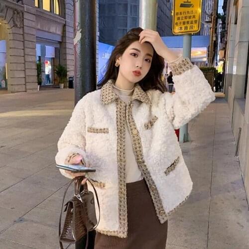 Fashion Lamb Wool Coat Women Autumn Winter Stitching Long Sleeve Preppy Style Jacket And Coat White Lapel Single-breasted Coats