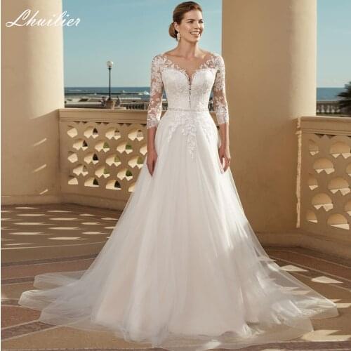 Lhuilier Womens Scoop Neck A-line Tulle Wedding Dresses 2021 Floor Length 3/4 Sleeves Beaded Bridal Gowns Chapel Train
