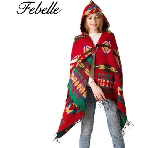 Febelle Women Winter Cashmere Hooded Poncho Cloak Tippet Cape Wripes Women Fall Oversize Pashmine Scarf Women