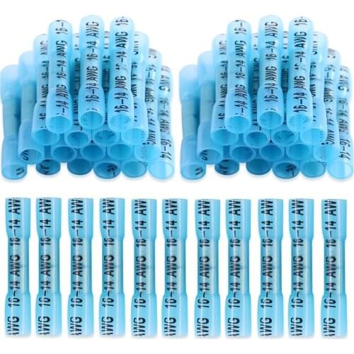 100/50Pcs Blue Heat Shrink Butt Terminals Insulated Electrical Wire Connectors Cable Crimping Terminals Connector 16-14 AWG