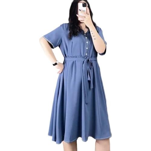 2021 Spring Summer New Plus Size Dress Women High Waist Casual A Line Skirt Pullover V Neck Womens Short Sleeve Dresses 115 KG