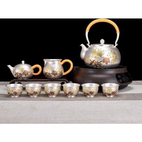 Ag999 Sterling Silver Tea Set Hand-carved Gild Chrysanthemums Teapot Coffee Pot Kitchen Utensils