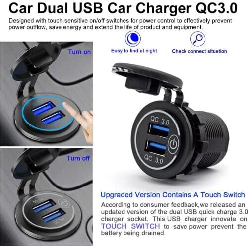 Quick Charge Dual QC3.0 36W Car Dual USB Charger Waterproof With LED Light Touch Switch For 12-24V Motorcycle ATV Boat Marine RV
