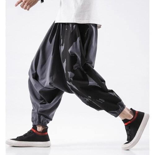 Harajuku Mens Pants Linen Wied Leg Trousers Men Loose Drawstring Ankle-Length Pants Male Printing Streetwear Jogging Pants 5XL