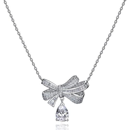 Fashion 925 Sterling Silver Bow Pendant Necklace High Quality Simulation Diamond Wedding Jewelry Birthday Gift
