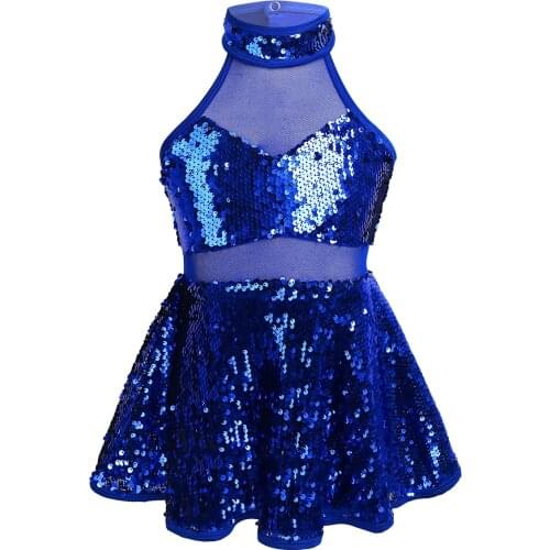 Kids Shiny Sequins Halter Tulle Splice Gymnastics Leotard Girls Ballet Figure Skating Dress Stage Performance Jazz Dance Costume