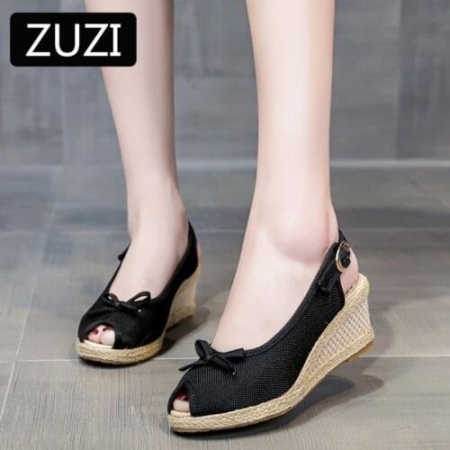 ZUZI Wedge Sandals Female 2021 Summer New Fish Mouth High Heels A Word Buckle with Soft Sole Casual Shoes Straw Slippers Women