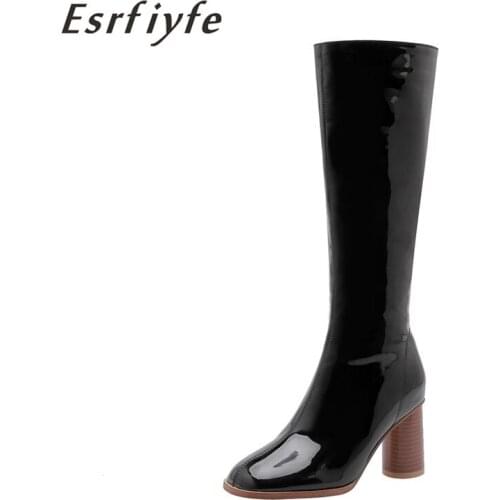 ESRFIYFE 2019 New Women Knee High Boots Patent Leather Fashion Winter Boots Comfortable Warm Woman Long Boots Plus Size 34-48
