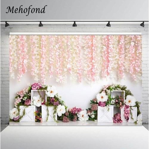 Mehofond Photography Background Pink Floral White Purple Flower Wood Box Girl Birthday Cake Smash Backdrop Photo Studio Shooting