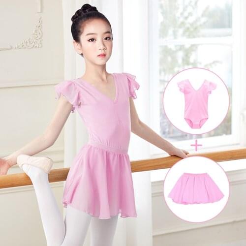 Ballet Dance Leotards For Girls Cotton Kids Children Top With Chiffon Skirt Suit Short Ruffles Sleeve Gymnastics Leotard
