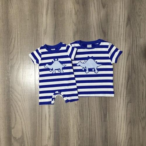 Summer Baby Boys Stripe Blue Dinosaur Embroidered Shirt Infant Baby Romper Sibling Clothes