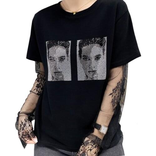 Summer All Cotton Stitching Lace Sexy Long Sleeves Women T Shirt Hot Drilling Character Avatar Fake Two Tees Black Tops Female