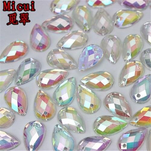 Micui 100pcs 8*13mm Acrylic Rhinestones AB Transparent Tear Drop Flatback Sewing Crystal 2 Holes For Wedding Dress Garment MC85A
