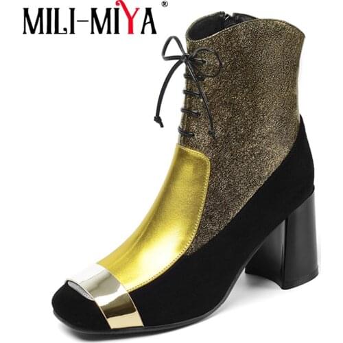 MILI-MIYA New Design Women Boots Genuine Leather Square Heels Waterproof Warm Short Plush Zipper Spring/Autumn/Winter Shoes
