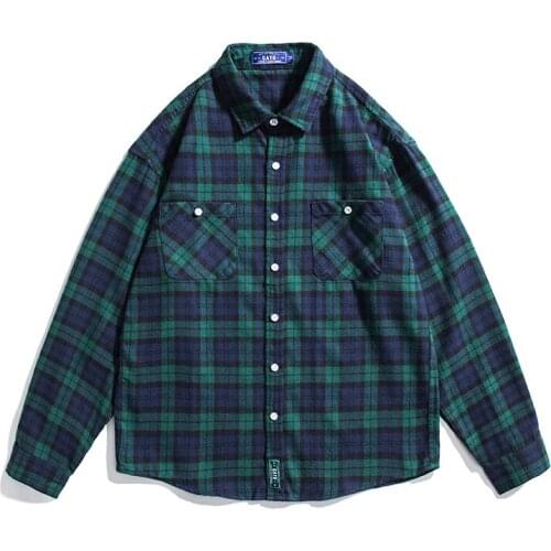 2021 New Arrival Japanese Concise Loose Style Drop-Shoulder Sleeve Mens Green Plaid Long Sleeves Casual Shirts Single-Breasted