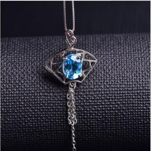 Real blue topaz necklace Free shipping Natural blue topaz 925 sterling silver 7*9mm