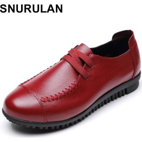 SNURULANNew Women Genuine Leather Shoes Woman Flats Spring Autumn Vintage Handmade Laces Loafers Casual Sneakers Flat Shoes For