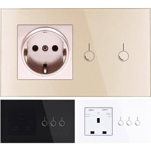 EU Standard Wall Switch Socket 1/2 Gang 1 Way Wall Light Touch Switch Tempered Crystal Glass Panel Light Touch Switch Socket