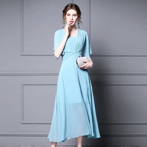 Navy Pleated Chiffon Dresses Women Fashion 2021 Summer Long Casual Sexy Office Work Daily Dress Plus Size Slim Fit A Line