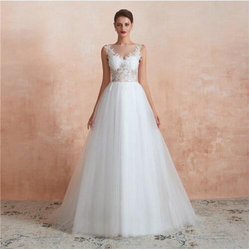 In Stock Tulle Boat Neck Appliques Sleeveless Wedding Dress Vestido de noiva Robe de mariee Wedding gowns Mariage 28371