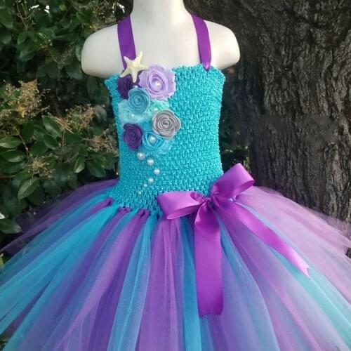 Girls Mermaid Princess Tutu Dress Kids Crochet Flower Dress with Straps and Ribbon Bow Kids Cosplay Party Cartoon Costume Dress