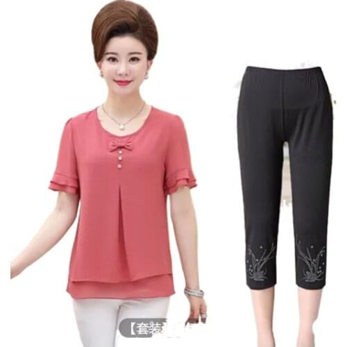 Womens Mothers Wear Summer Two-Piece Suit Middle-Aged Elderly Short-Sleeved T-Shirt Chiffon Shirt One-Piece/Suit