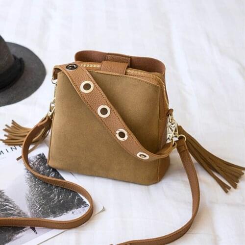 2021 New Fashion Scrub Women Bucket Bag Vintage Tassel Messenger Bag High Quality Retro Shoulder Bag Simple Crossbody Bag Tote