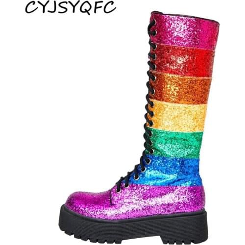 CYJSYQFC Women Rainbow Colors Mid Calf Boots Bling Bling Sequin Flat Platform Boots Round Toe Cross Tied Thick Sole Lady Shoes