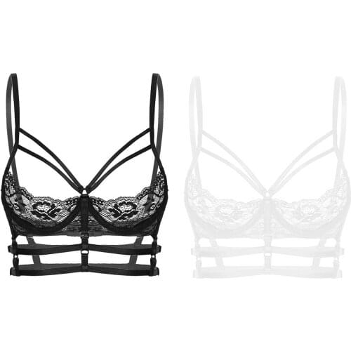 Womens See-Through Exotic Bras Lace Crop Tops Unlined Underwired Bra Lingerie Spaghetti Strap Bikini Top Apparel Sissy Nightwear